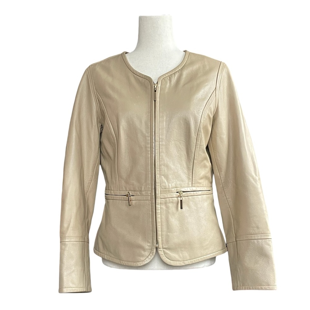 un jour ailleurs genuine lambskin Women’s latte tan Leather Jacket zip up size 8